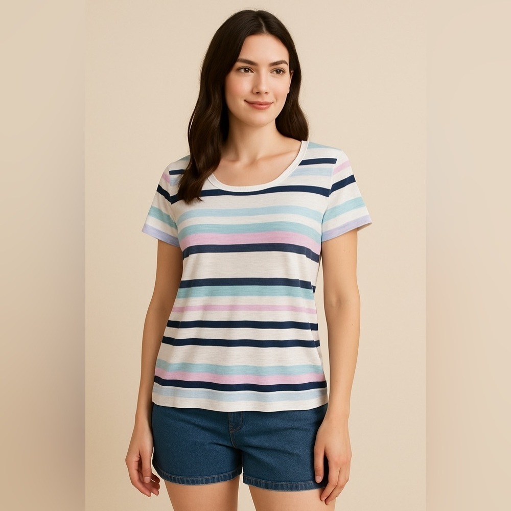 LOFT Multicolor Stripe Short Sleeve Top L | Beachy Preppy Coquette Coastal